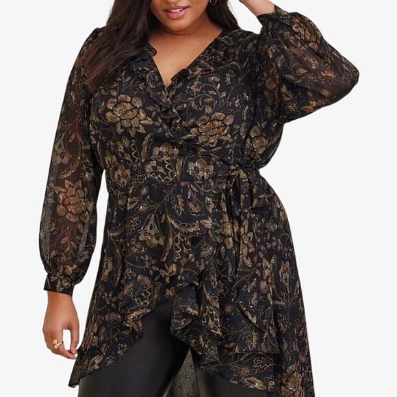 TORRID Chiffon Layered Tie Front Surplice Tunic in Black And Gold - Picture 1 of 15